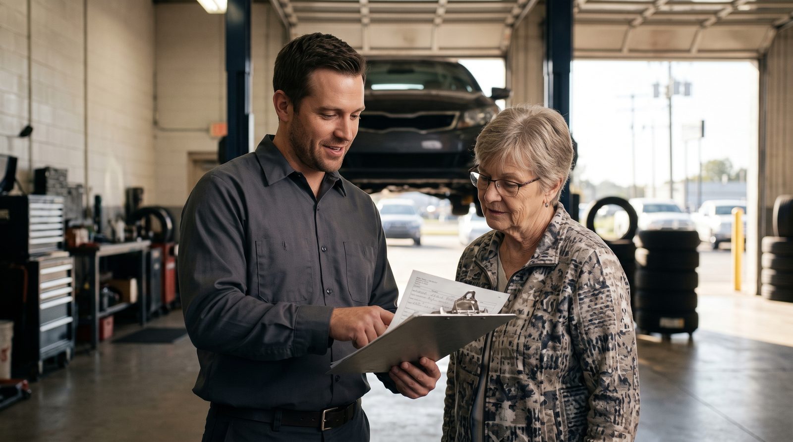 A service advisor explains a repair estimate to an older customer at a dealership service drive.