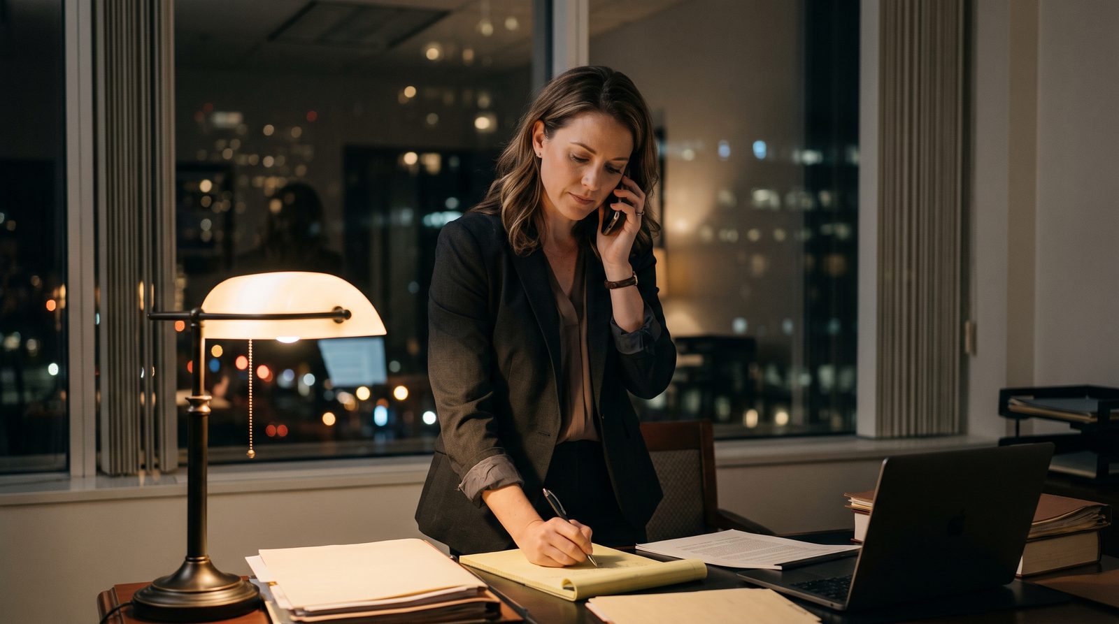 A defense attorney takes a late-night phone call by her office window, writing on a legal pad.