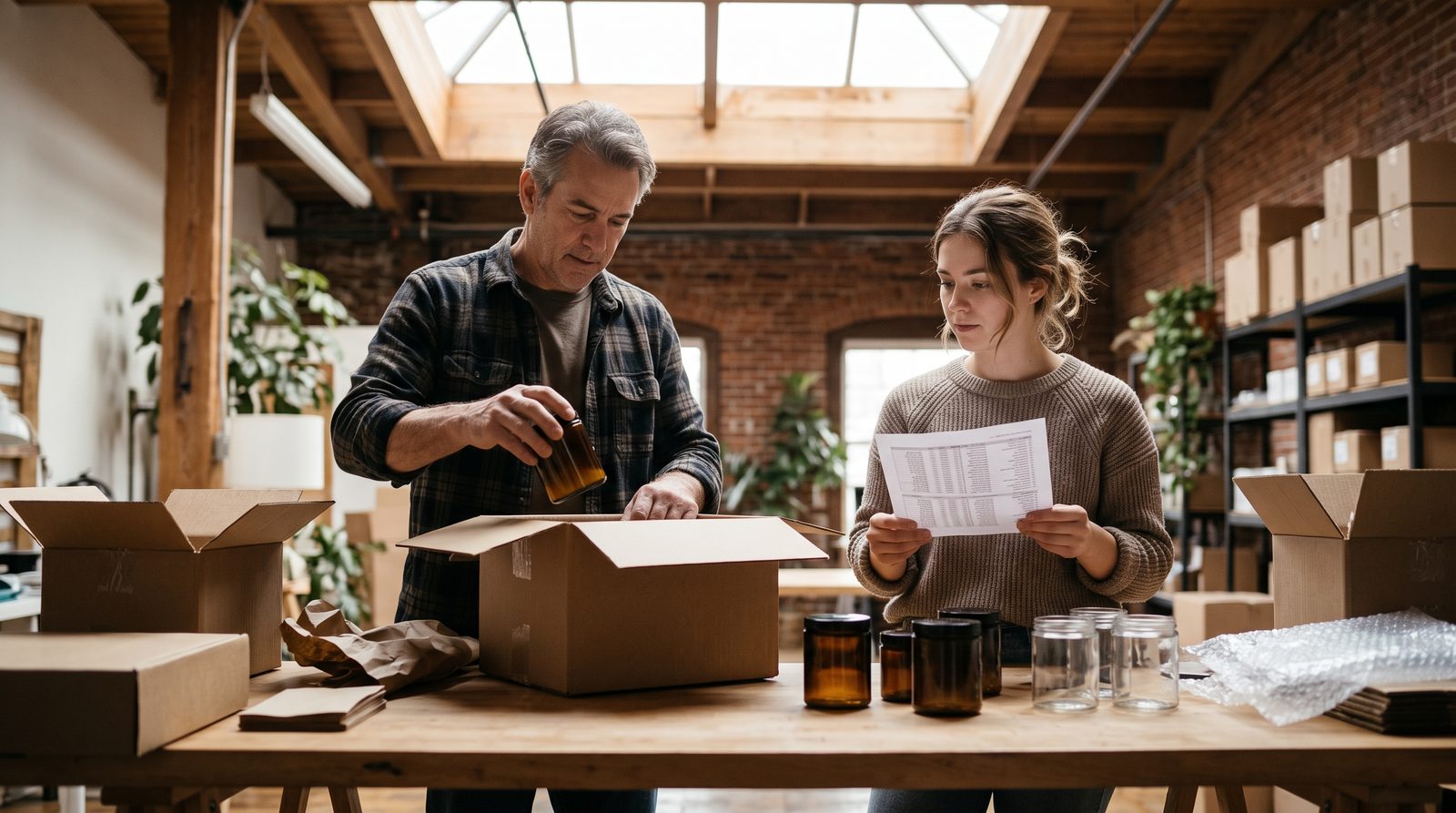 Two team members unpack and check a delivery of plain product jars at a studio worktable.