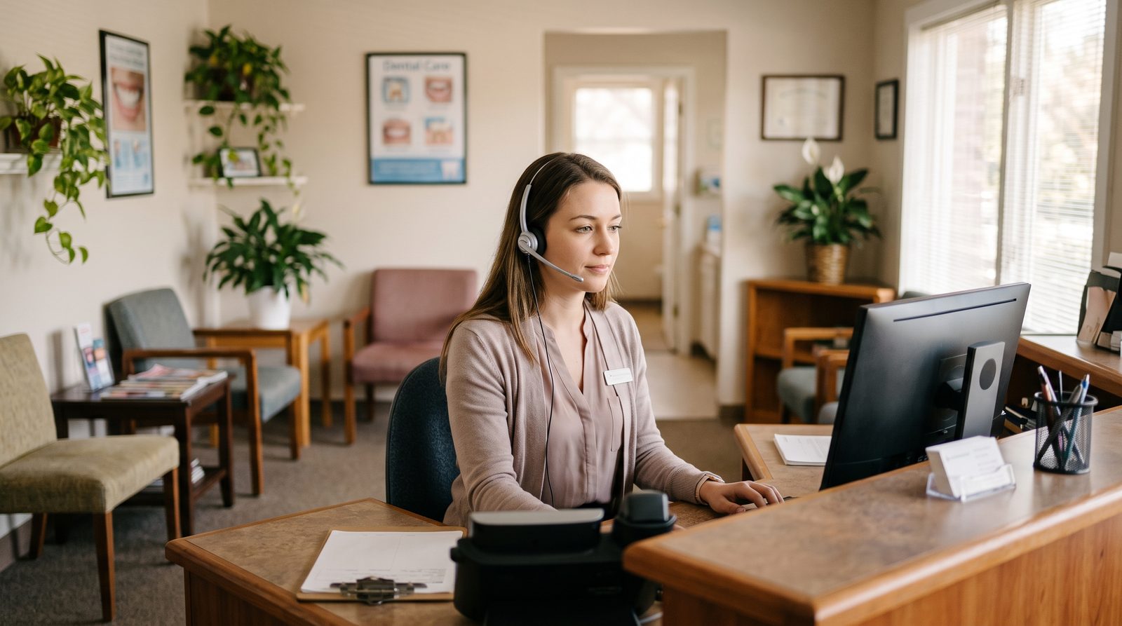 A dental front desk coordinator with a headset answers a call at the reception desk