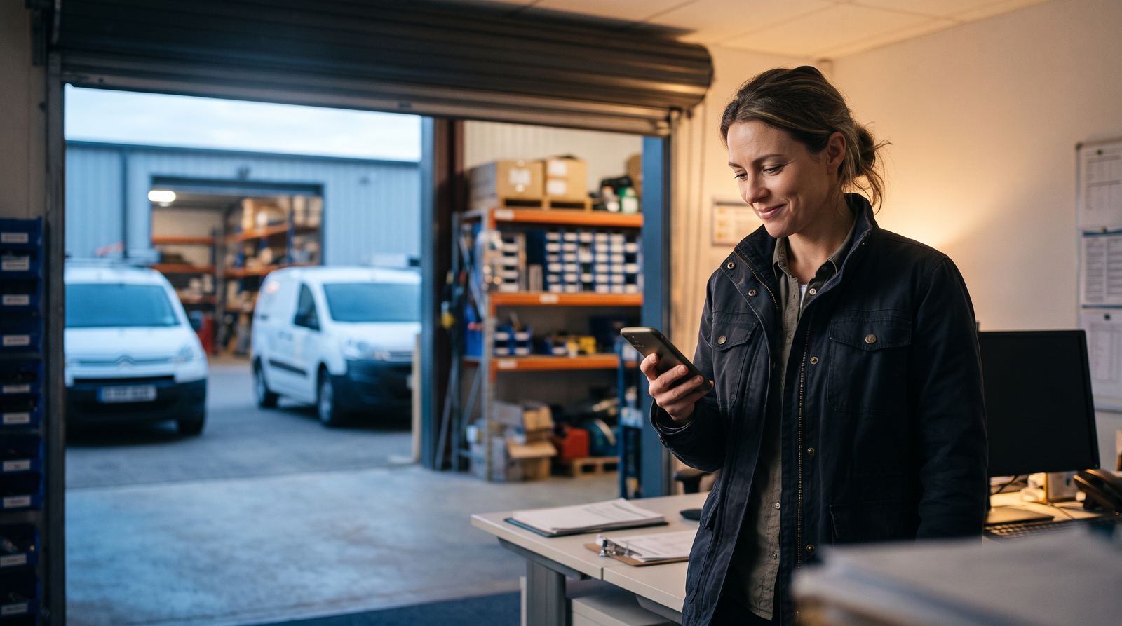 A home services company owner reading her phone in her warehouse office at dawn, with service vans behind her