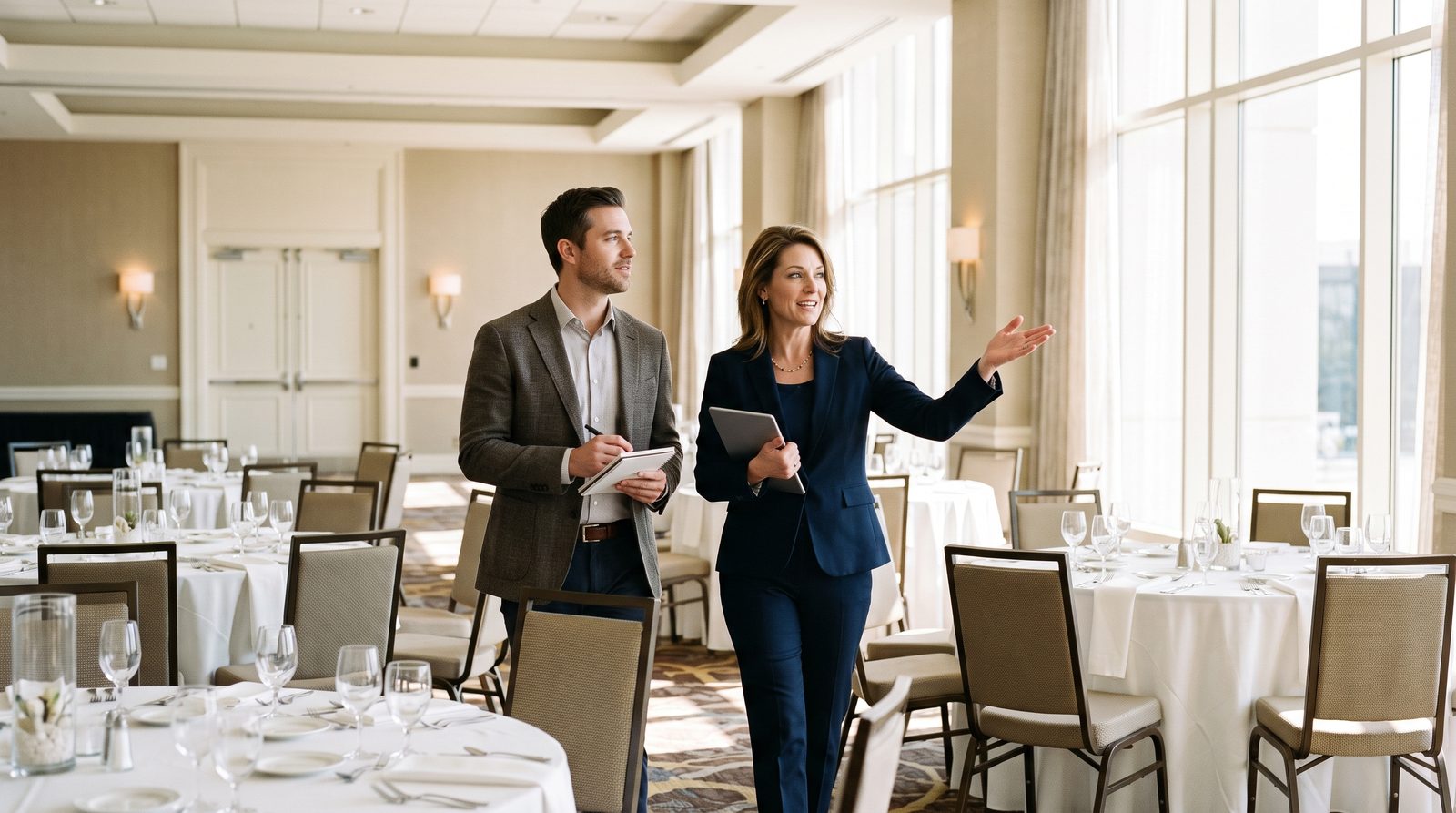 A hotel sales manager shows an event planner a meeting room set with round tables