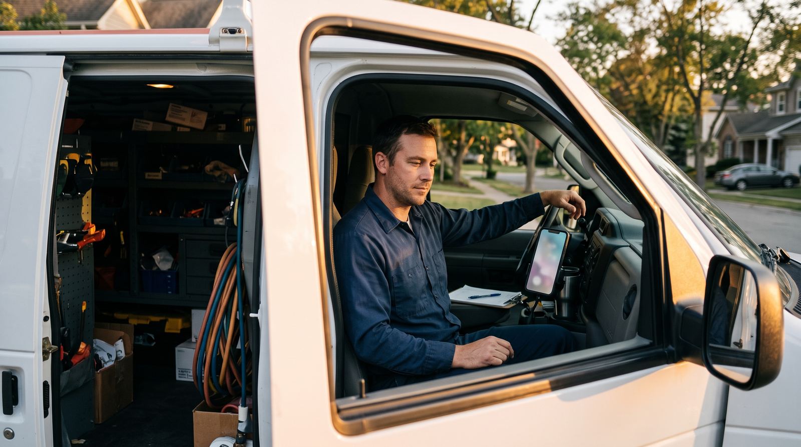 A technician sits in the driver's seat of his work van, checking a phone on the dashboard.