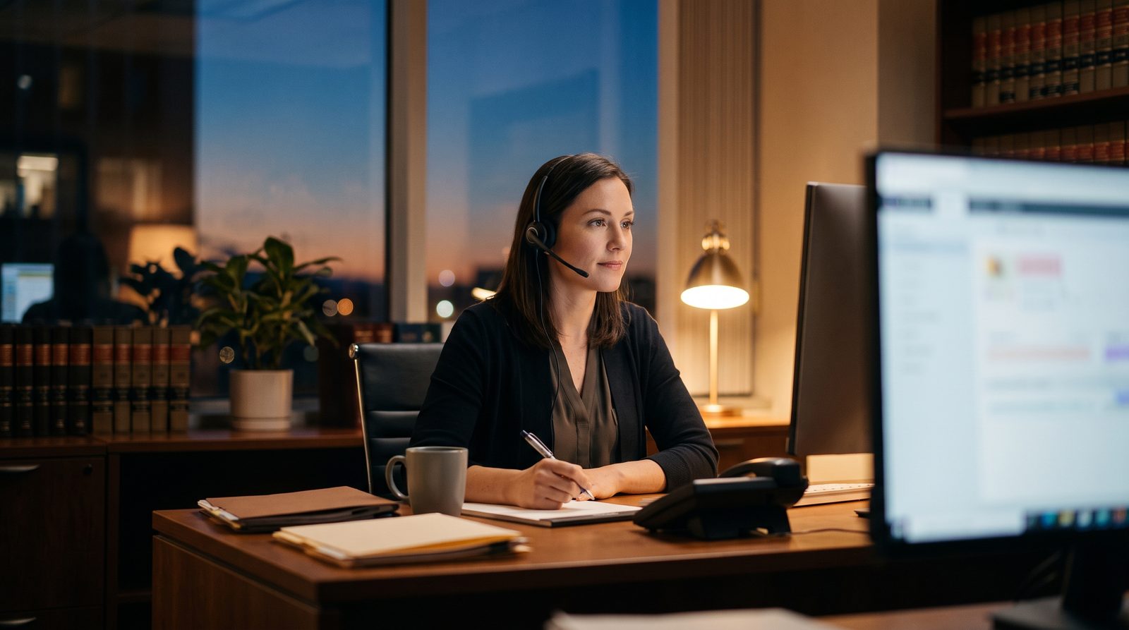 An intake coordinator wearing a headset takes notes during an evening call at a law office desk.